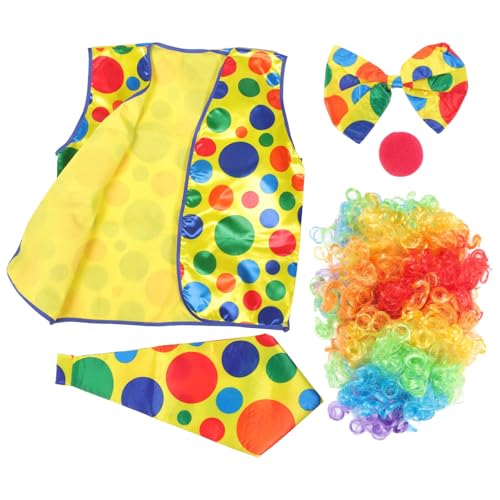 WRITWAA Deko Halloween Kostüme 5 Teiliges Clown Kostü Set Für Erwachsene Clown Perücke Rote Nase Fliege Weste Und Weitere Clown Requisiten Für Karneval Halloween Und Cosplay Events von WRITWAA