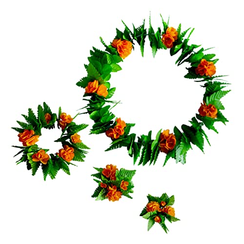 WRITWAA 5st Hawaiianische Grasröcke Hawaii-partykostüm Hawaiianisches Cosplay-kostüm Hawaii-outfits Hawaiianisches Stirnband Hawaiianische Blumen Blatt Gras Röcke Grüne Girlande Orange von WRITWAA