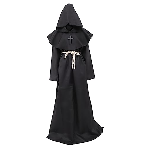 WRITWAA Mittelalterlicher Kapuzenumhang Für Herren Priester Kostü Für Halloween Renaissance Und Cosplay Schwarze Robe Größe Perfekt Für Karneval Und Faschingspartys von WRITWAA