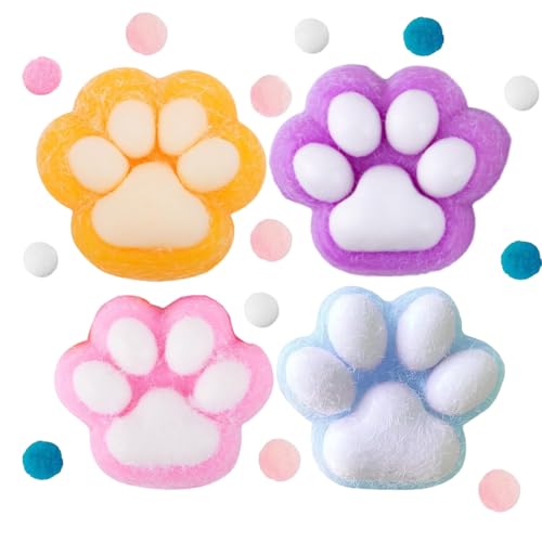 WRQIOO Cat Paw Squeeze Toy, 4 Stück Cat Paw Squishy Toy, Taba Squishy Paw, Taba Squishy Pfote with Anti-Stress Balls, Katzenpfoten Squishy, Ka-waii Fluffy Sensory Toy, Katzenpfoten Quetschspielzeug von WRQIOO