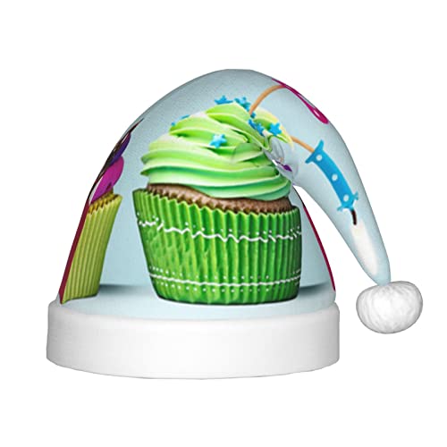 WSHFFILO Bunte Weihnachtsmütze mit Cupcake-Motiv, bedruckt, für Urlaub, Party, Dekoration, Plüsch, Weihnachtsmannmütze von WSHFFILO