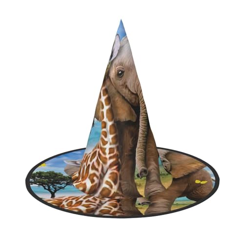 WSHFFILO Elefant und Giraffe bedruckter Halloween-Hut, faltbar, spitzer Hut, Party-Dekoration, Hut von WSHFFILO