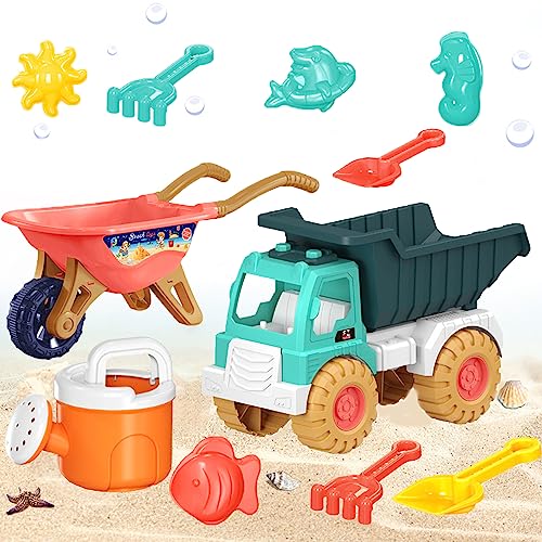 WSNDM 11 Stück Sandspielzeug Set, Sandformen, Sandkasten Spielzeug mit 1*Sandschaufelwagen, 1*Spielzeugauto am Strand, 1*Wassereimer, 2 Sandgabeln, 2 Sandschaufeln, 4 Tierformen (Farbe zufällig) von WSNDM