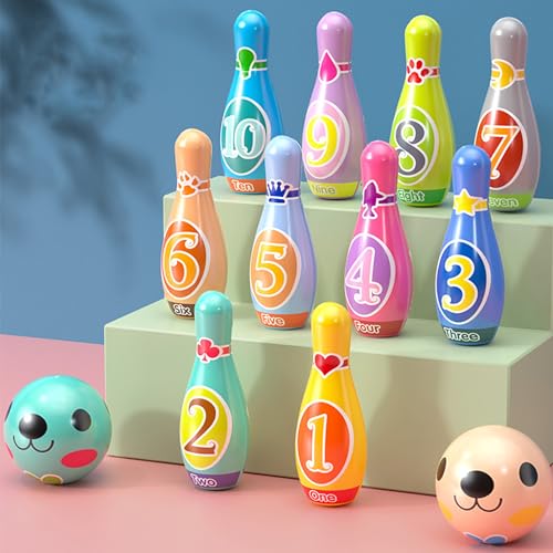 WSNDM Kegelspiel für Kinder Ball Set mit 10 Flasche und 1 Bälle Haben Bowling mit Tieren und Farben, Outdoor Garten Spielzeug Dosenwerfen Kinder Bowling Ball von WSNDM