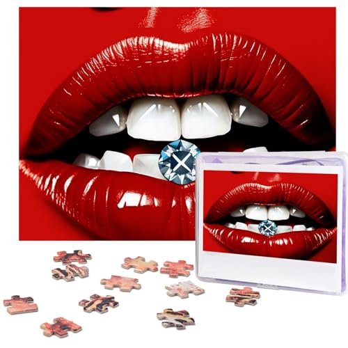 500 Teile Puzzles Rote Lippen mit Diamant-Puzzles Holzpuzzles Personalisiertes Fotopuzzle für Erwachsene Freunde Bilderpuzzle Geschenke für Hochzeit Geburtstag Valentinstag Heimdekoration von WSOIHFEC