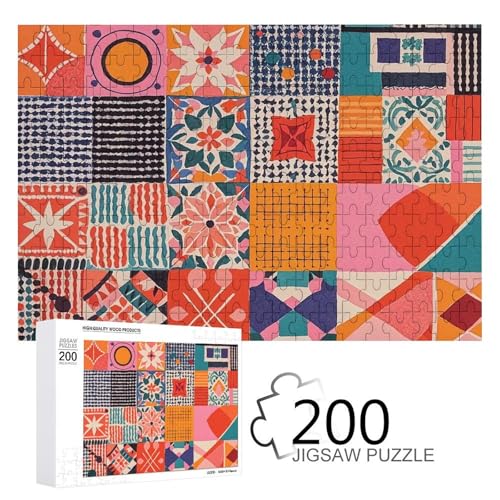 Puzzles 200 Teile Boho Dekorative Geometrische Patch Puzzles Personalisiertes Bild Puzzle Fotopuzzle Holzpuzzle für Erwachsene Klassisches Puzzle für Familie Hochzeit Geburtstag Valentinstag Gi von WSOIHFEC