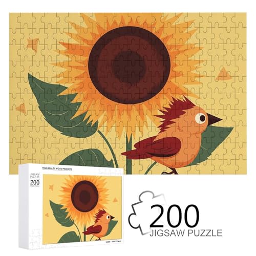 Puzzles 200 Teile Cartoon Sonnenblume und Vogel Puzzle Personalisiertes Bilderpuzzle Fotopuzzle Holzpuzzle für Erwachsene Klassisches Puzzle für Familie Hochzeit Geburtstag Valentinstag Geschenke von WSOIHFEC