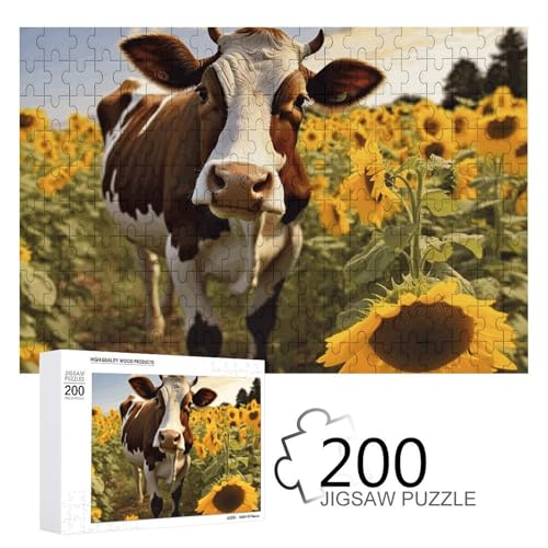 Puzzles 200 Teile Kuh in Sonnenblumen Puzzles Personalisiertes Bilderpuzzle Fotopuzzle Holzpuzzle für Erwachsene Klassisches Puzzle für Familie Hochzeit Geburtstag Valentinstag Geschenke von WSOIHFEC