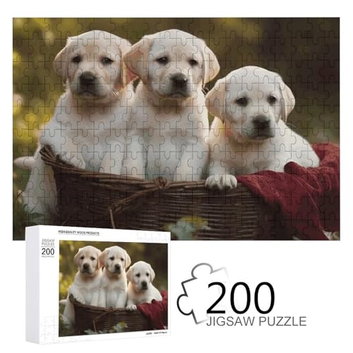 Puzzles 200 Teile Welpe sitzend im Korb Puzzles Personalisiertes Bilderpuzzle Fotopuzzle Holzpuzzle für Erwachsene Klassisches Puzzle für Familie Hochzeit Geburtstag Valentinstag Geschenke von WSOIHFEC