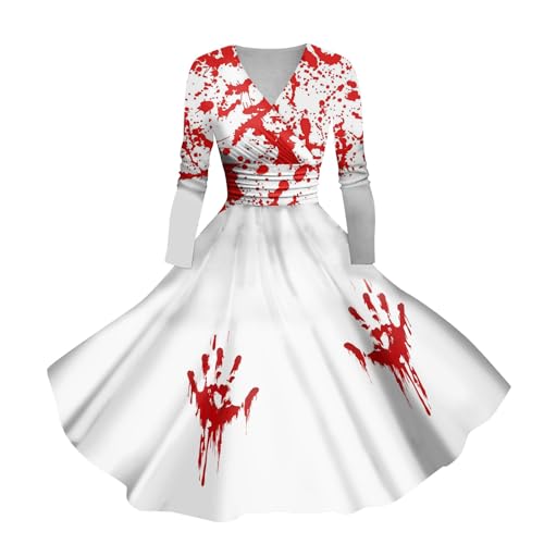 WSYZXXN Süßes Halloween-Kleid für Damen, Langarm, V-Ausschnitt, Rundhalsausschnitt, Party, Freizeitkleider, Halloween-Kleid, Ballkleid, schwarzes Kleid, schwarzes Kleid für Damen, 80er-Jahre-Kostüm, von WSYZXXN