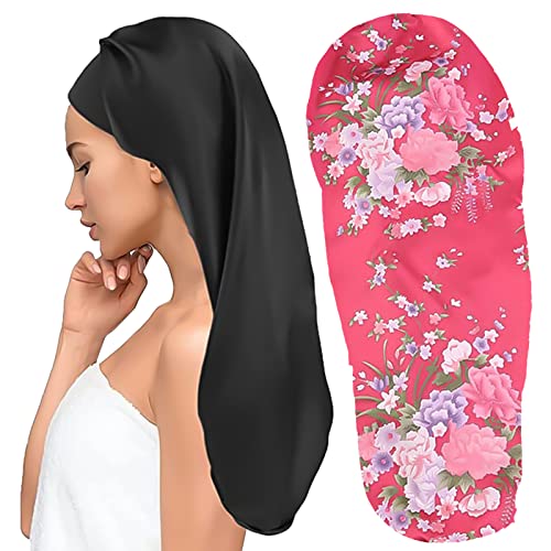 2 Stück Schlafmütze Lange Satin Bonnet Seidenhaube zum Schlafen Nacht Schlaf Mütze Verstellbare Seidenhaube Schlafkappe Kopfbedeckung Gummizug für Damen und Mädchen (Schwarz, Rose) von WUERKIYA