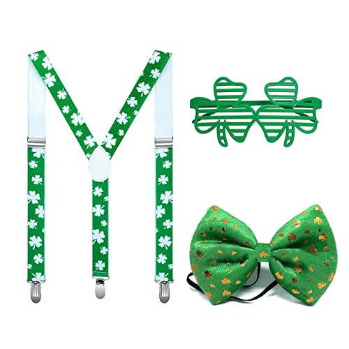 WUERKIYA 3 Stück St. Patrick´s Day Costume Accessories Hosenträger Brille Fliege mit Kleemuster Kostüm Accessoire Motto-Party Karneval von WUERKIYA