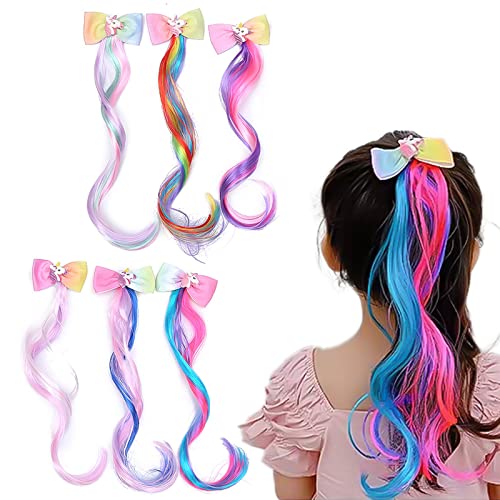 WUERKIYA 6PCS Haarverlängerung Clips Einhorn Haarschmuck Mädchen Bogen Prinzessin Haarspangen Bunte Haarsträhnen Haarteile Synthese Party Ankleiden von WUERKIYA