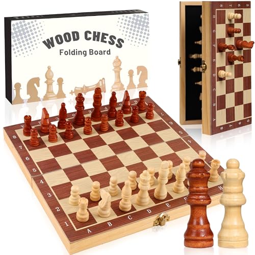 WUFANC Schachspiel Holz - Magnetisches Schachbrett Holz mit Starkem Magnetverschluss, Klappbare Holzkiste, Einfache Aufbewahrung - Chess Board mit Schwamm, Schachfiguren Bleiben Unversehrt von WUFANC