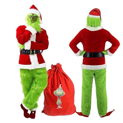 WUOYRON Grinch Weihnachten Kostüm für Erwachsene, 8-teilig, mit roter Geschenktasche, Halloween-Kostüme für Erwachsene L von WUOYRON