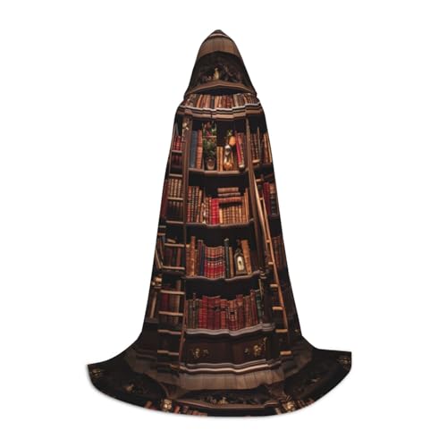 WURTON Bibliotheks-Bücherregal-Druck, Halloween, Kapuzenumhang, Renaissance, Gothic, Umhang für Cosplay, Kapuzenumhang, Unisex von WURTON