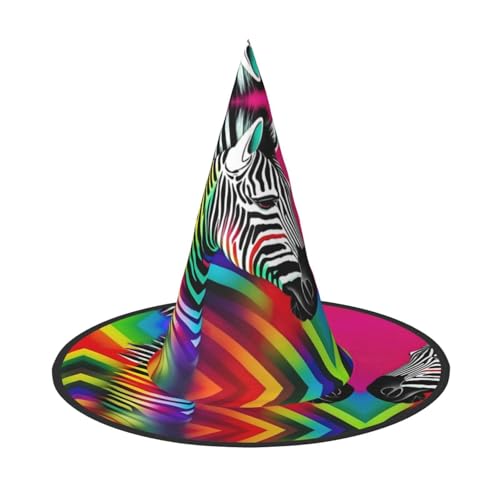 WURTON Bunter Regenbogen-Zebra-Druck, Halloween-Hut, einzigartiger Hexenhut für Partys, Cosplay, Halloween-Dekor-Partys von WURTON