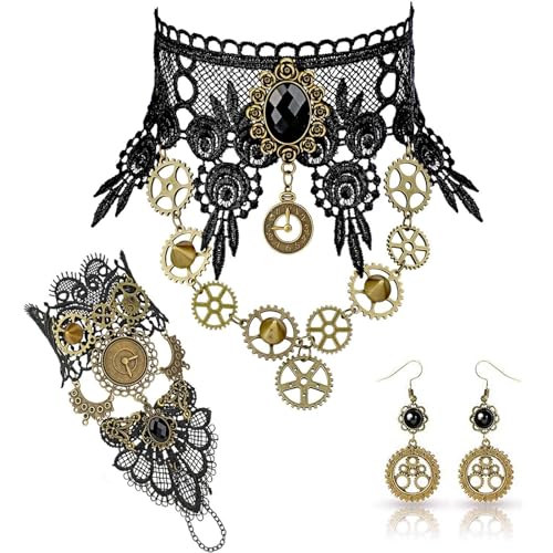 WUSANNA 3 Stück Steampunk Kostüm Damen Steampunk Zahnräder Gesicht Steampunk Accessoires Damen Steampunk-Accessoires Gothic-Schmuck Steampunk-Halskettenset Für Damen Halloween-Karneval-Kostümzubehör von WUSANNA