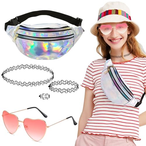 WUSANNA 90er Jahre Outfit Damen 90er Jahre Accessoires Outfit Metallic Bauchtasche Gürteltasche Herz Party Brillen für Hippie Neon Karneval Karneval Cosplay Kostümzubehör Geeignet für Mädchen von WUSANNA