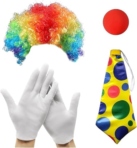 5 Stück Clown Kostüm Damen Set, Clown Kostüm Kinder, Faschingskostüme Damen mit Clown Perücke Nase Schleife Krawatte Weiße Handschuhe, Karneval Kostüm Herren für Cosplay Party Karneval Zirkusshow von WVWMYM