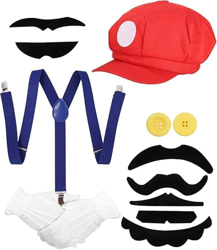 WVWMYM Super Mario Kostüm Erwachsene, Klempner Karneval Kostüm Herren mit Bodysuit, Mario Kostüm Herren Damen, Mario Mütze und Schnurrbart, Karneval Cosplay Faschingskostüme Männer für Herren Damen von WVWMYM