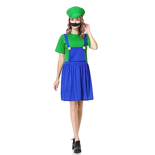 Kostüm Kinder Erwachsene, Super Bros Klempner Kostüm mit Bodysuit, Cap und Hose, Karneval Halloween Cosplay Kostüm Dekoration für Junge Mädchen Kinder Erwachsene Faschingskostüme, Damen Grün, S von WWQQYY