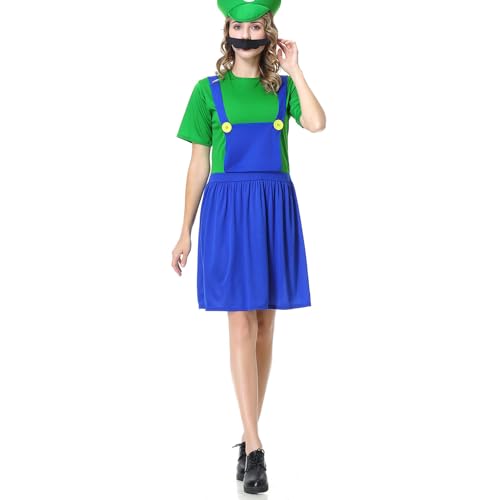 WWQQYY Cosplay Kostüm, Super Brothers Cosplay Kostüm, Halloween Carnival Cosplay Kostüm, mit Bodysuit, Hut und Schnurrbart Cosplay Kostüm für Herren Damen Junge Mädchen, Damen Grün, L von WWQQYY