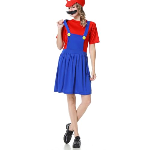 WWQQYY Cosplay Kostüm, Super Brothers Cosplay Kostüm, Halloween Carnival Cosplay Kostüm, mit Bodysuit, Hut und Schnurrbart Cosplay Kostüm für Herren Damen Junge Mädchen, Damen Rot, S von WWQQYY