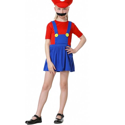 WWQQYY Cosplay Kostüm, Super Brothers Cosplay Kostüm, Halloween Carnival Cosplay Kostüm, mit Bodysuit, Hut und Schnurrbart Cosplay Kostüm für Herren Damen Junge Mädchen, Mädchen Rot, L von WWQQYY