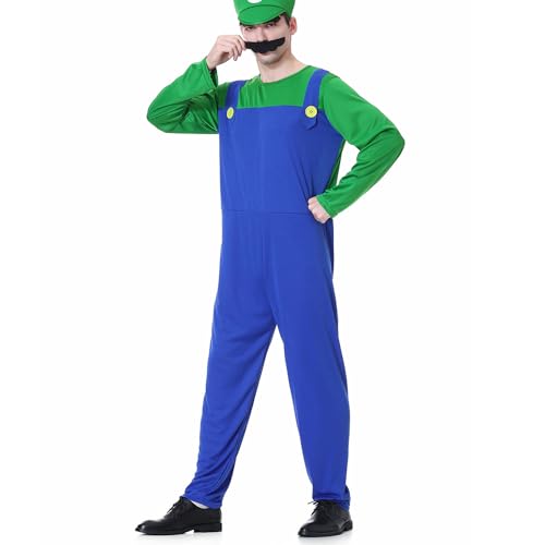 WWQQYY Cosplay Kostüm, Super Brothers Cosplay Kostüm, Halloween Carnival Cosplay Kostüm, mit Bodysuit, Hut und Schnurrbart Cosplay Kostüm für Herren Damen Junge Mädchen, Herren Grün, L von WWQQYY