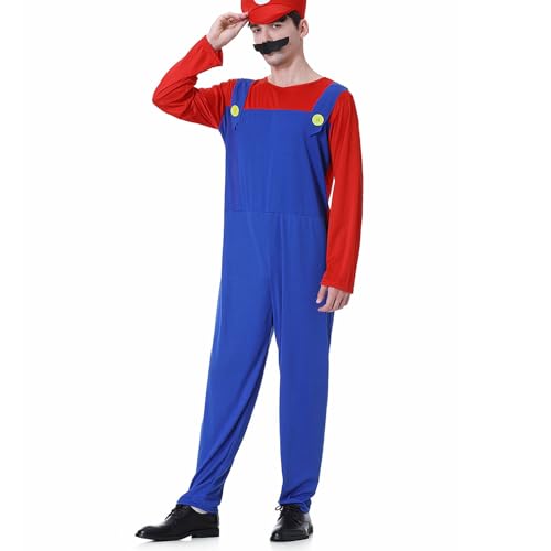 WWQQYY Cosplay Kostüm, Super Brothers Cosplay Kostüm, Halloween Carnival Cosplay Kostüm, mit Bodysuit, Hut und Schnurrbart Cosplay Kostüm für Herren Damen Junge Mädchen, Herren Rot, L von WWQQYY