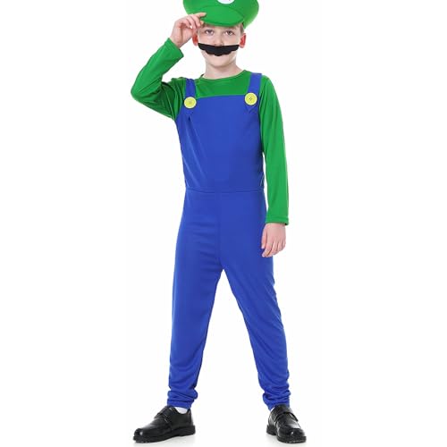 WWQQYY Cosplay Kostüm, Super Brothers Cosplay Kostüm, Halloween Carnival Cosplay Kostüm, mit Bodysuit, Hut und Schnurrbart Cosplay Kostüm für Herren Damen Junge Mädchen, Jungen Grün, L von WWQQYY