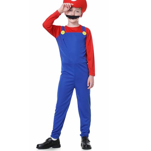 WWQQYY Cosplay Kostüm, Super Brothers Cosplay Kostüm, Halloween Carnival Cosplay Kostüm, mit Bodysuit, Hut und Schnurrbart Cosplay Kostüm für Herren Damen Junge Mädchen, Jungen Rot, M von WWQQYY