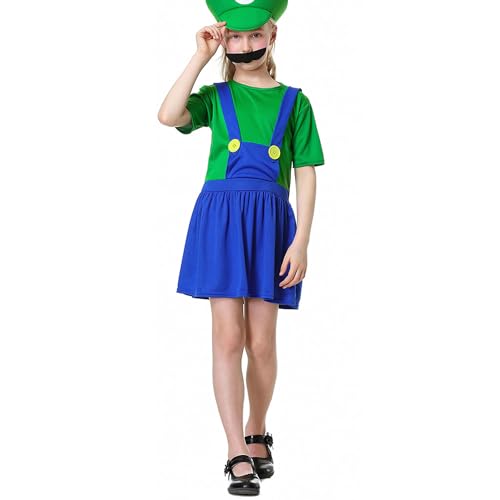 WWQQYY Cosplay Kostüm, Super Brothers Cosplay Kostüm, Halloween Carnival Cosplay Kostüm, mit Bodysuit, Hut und Schnurrbart Cosplay Kostüm für Herren Damen Junge Mädchen, Mädchen Grün, L von WWQQYY