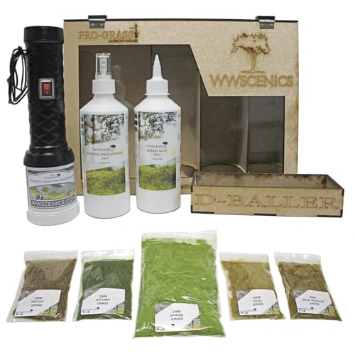 WWScenics Pro Grass Gras-Schichtaufbau Set | Spur-N Starter Kit mit Statische Grasfasern und Begrasungsgerät von WWScenics