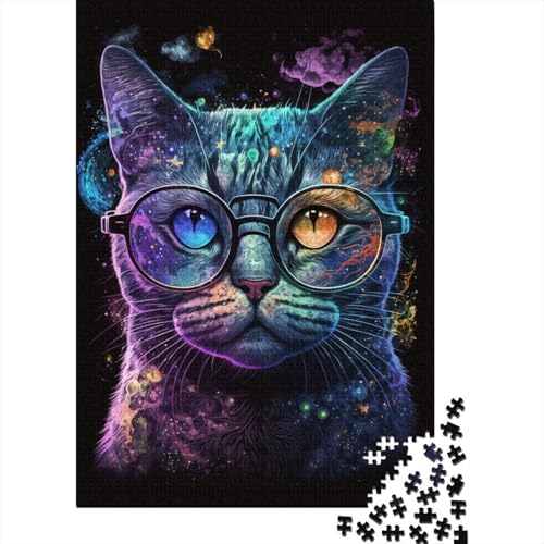 1000-teiliges Puzzle für Kinder, kosmische Katze mit Brille, quadratisches Puzzle für Kinder und Holzbrett-Puzzle, Lernpuzzle, Familienspiel, 1000 Teile (75 x 50 cm) von WXMMoney