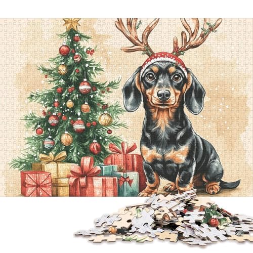 300-teiliges Weihnachtspuzzle, süßer Dackel, kreatives quadratisches Holzpuzzle für Kinder, Lernspiel, Herausforderungsspielzeug (40 x 28 cm) von WXMMoney