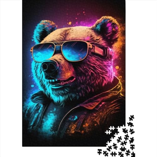 Holzpuzzle 1000 Teile Neon Nights Bear Holzpuzzle Lernpuzzle Spielzeug für Jungen und Mädchen Weihnachts- und Geburtstagsgeschenk (75x50cm) von WXMMoney