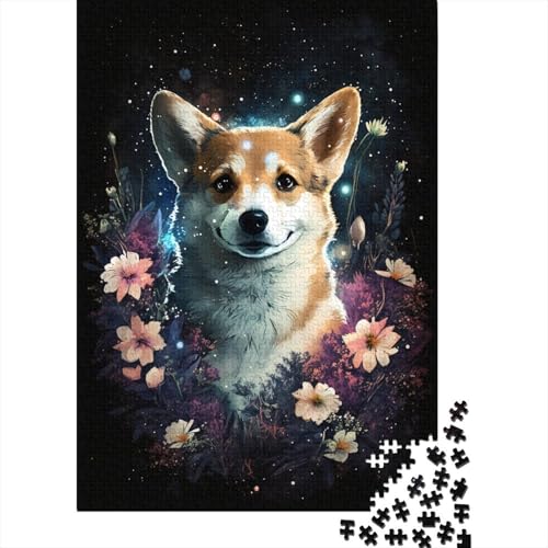 Puzzle 1000 Teile für Erwachsene, Corgi mit Blume, kreatives quadratisches Puzzle für Kinder und Holzbrett-Puzzle, Heimdekoration, Puzzle-Spielzeug, 1000 Teile (75 x 50 cm) von WXMMoney