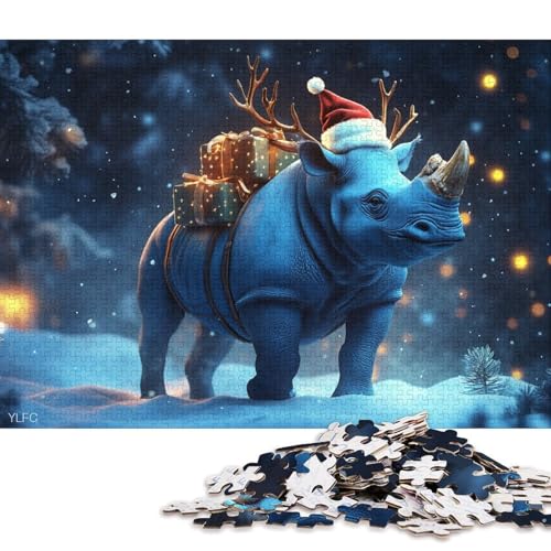 Puzzle 500 Teile für Kinder, Nashorn-Weihnachtsmütze, quadratisches Puzzle für Kinder und Holzpuzzle, einzigartiges Puzzle, pädagogisches Spaßspiel, Spielzeug, 500 Teile (52 x 38 cm) von WXMMoney