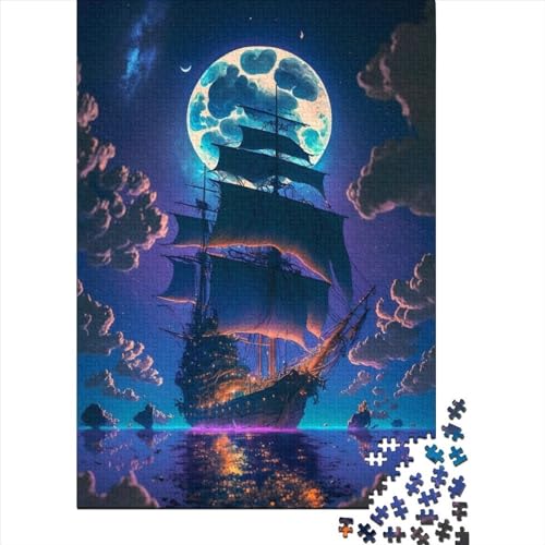 Puzzle für Erwachsene 1000 Teile Piratenschiff und Blauer Mond Holzpuzzle Holzpuzzle Geburtstags Puzzle Wanddekoration 1000 Teile (75 x 50 cm) von WXMMoney