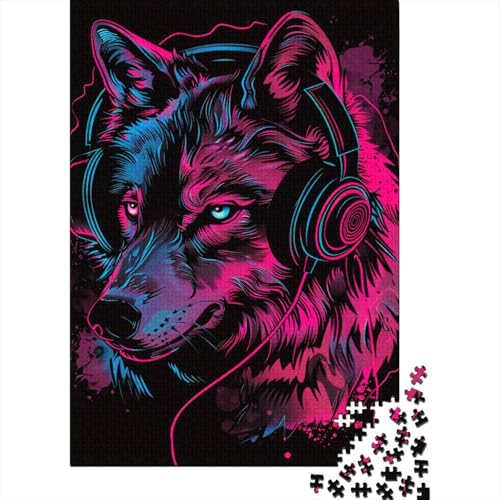 Wolf mit Kopfhörern Puzzle 500 Teile Puzzle für Kinder Denkspiel Puzzle Spielzeug für Kinder 500 Teile (52x38cm) von WXMMoney