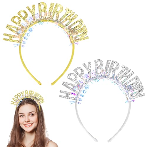 2 Stück Geburtstag Stirnband Geburtstag Haarreif für Mädchen Kopfschmuck Alles Gute zum Geburtstag Krone Pailletten-Alphabet Party Tiara für Frauen Haarschmuck Geschenke Dekorationen (Gold + Silber) von WY LIGHTING LEVEL