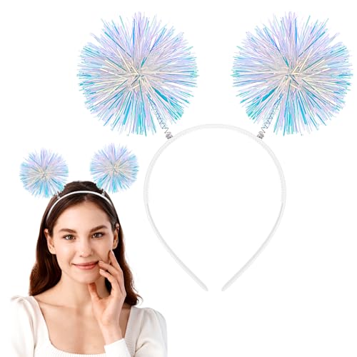 Pom Pom Stirnband mit Folienstreifen, Glitzereffekt Haarband Karneval Haarreifen Flauschige Ball Haarschmuck Shinning Karneval Headwear für Halloween Weihnachten Party Haare Dekorative Damen (Weiß) von WY LIGHTING LEVEL