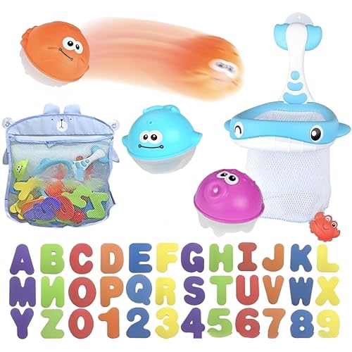 WYFCR 45pcs Bad Spielzeug Set 1 Organisator mit Weichschaum Badewanne Buchstaben, Zahl,2 in 1 Design Walfischnetz und 3 schwimmende Spritztierbälle, für Kleinkinder Kinder Spiele Lernen von WYFCR