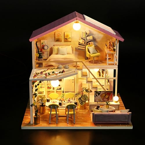 WYFCR Puppenhaus Miniatur mit Möbeln, Idee DIY hölzerne Miniatur Haus Kit mit LED-Licht, Haus, Bücherregal Dekoration, gartenhaus Holz,Geschenke für Erwachsene und Kinde,gewächshaus zubehör von WYFCR