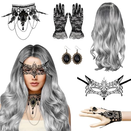 Perücke Halloween Damen, Frauen Perücke Set, 70cm Grau Lang Wellte Lockig, Halloween Kostüm Damen mit Halskette,Ohrring Schmuck Spitze Maske Lace Handschuhe,für Halloween Karneval,Fasching,Mottoparty von WYFDCZZP