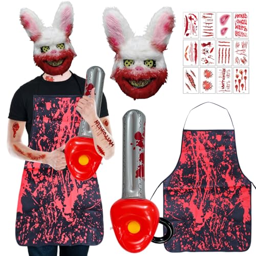 WYFDCZZP Horror Hase Kostüm, 4pcs Horror Kaninchen Halloween Kostüme, Kaninchenmaske, Aufblasbare Kettensäge, Schürze, Blutflecken-Aufkleber, Erwachsene & Teenager Eine Größe passt allen von WYFDCZZP