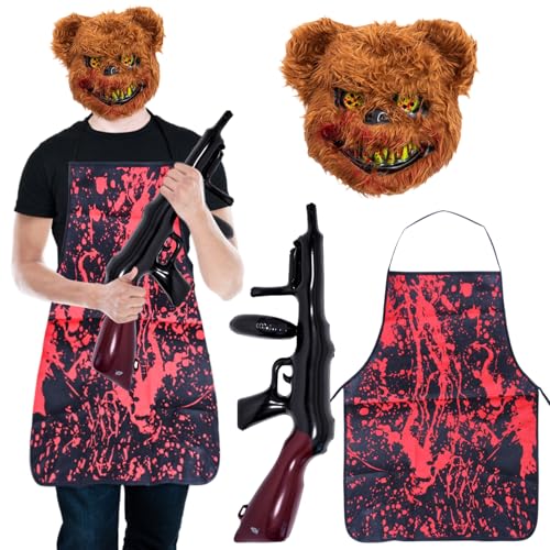 WYFDCZZP Horror-Bär Kostüm, 4pcs Halloween-Kostüme für Herren, Gruselige Teddybär Maske, Aufblasbare Pistole, Schürze, Blutflecken-Aufkleber, Erwachsene & Teenager Eine Größe passt allen von WYFDCZZP