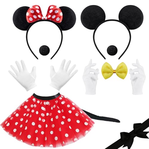 WYFDCZZP Damen Maus Mouse Kostüm, Karnevalskostüme für micky und minni mouse, Gepunkteter Tutu + 2 Haarreifen mit Maus Ohren + 2 Handschuhe +Schwanz + 2 Nase, Mouse Cosplay Set für Halloween Karneval von WYFDCZZP